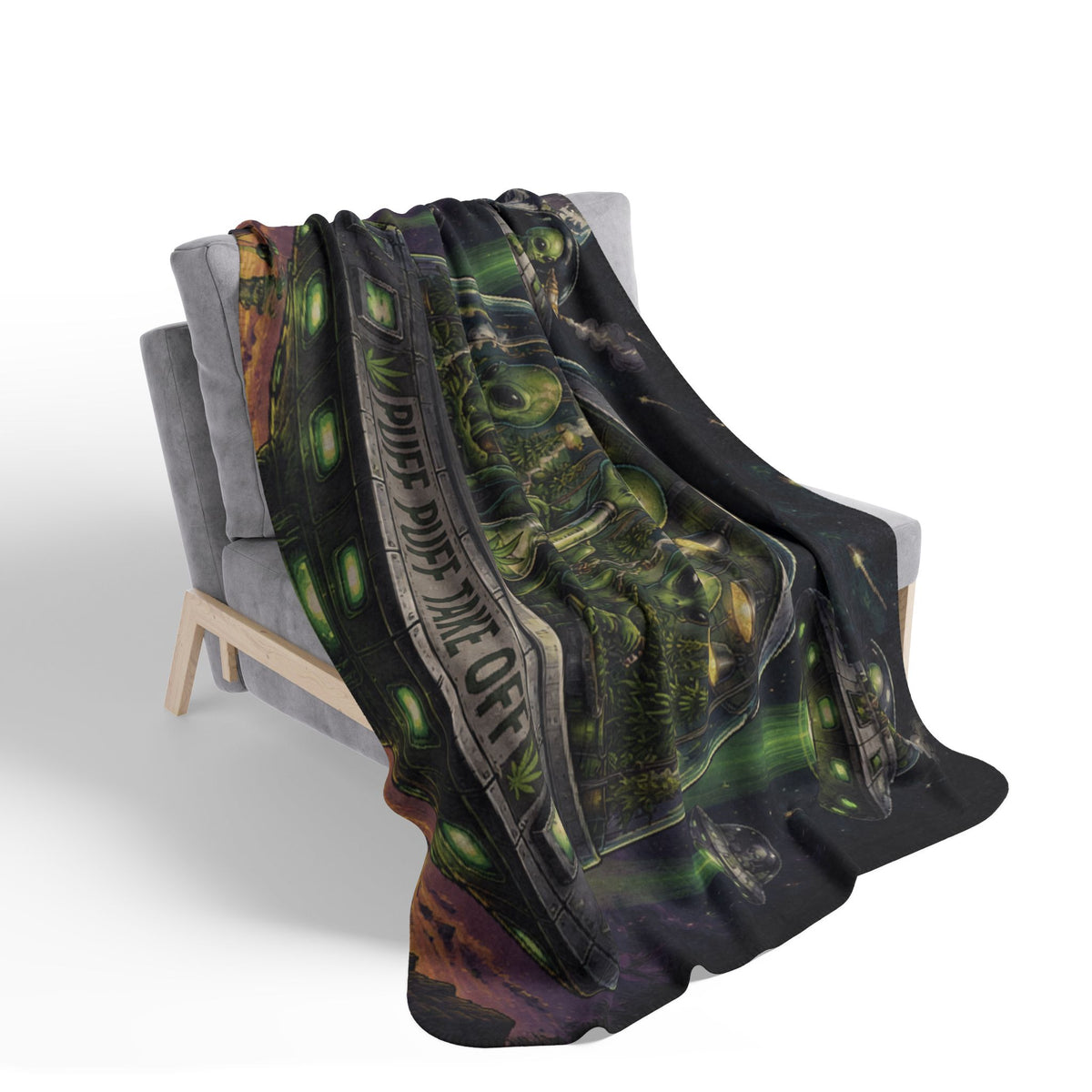 Alien UFO 'Puff Puff Take Off' Sherpa Blanket