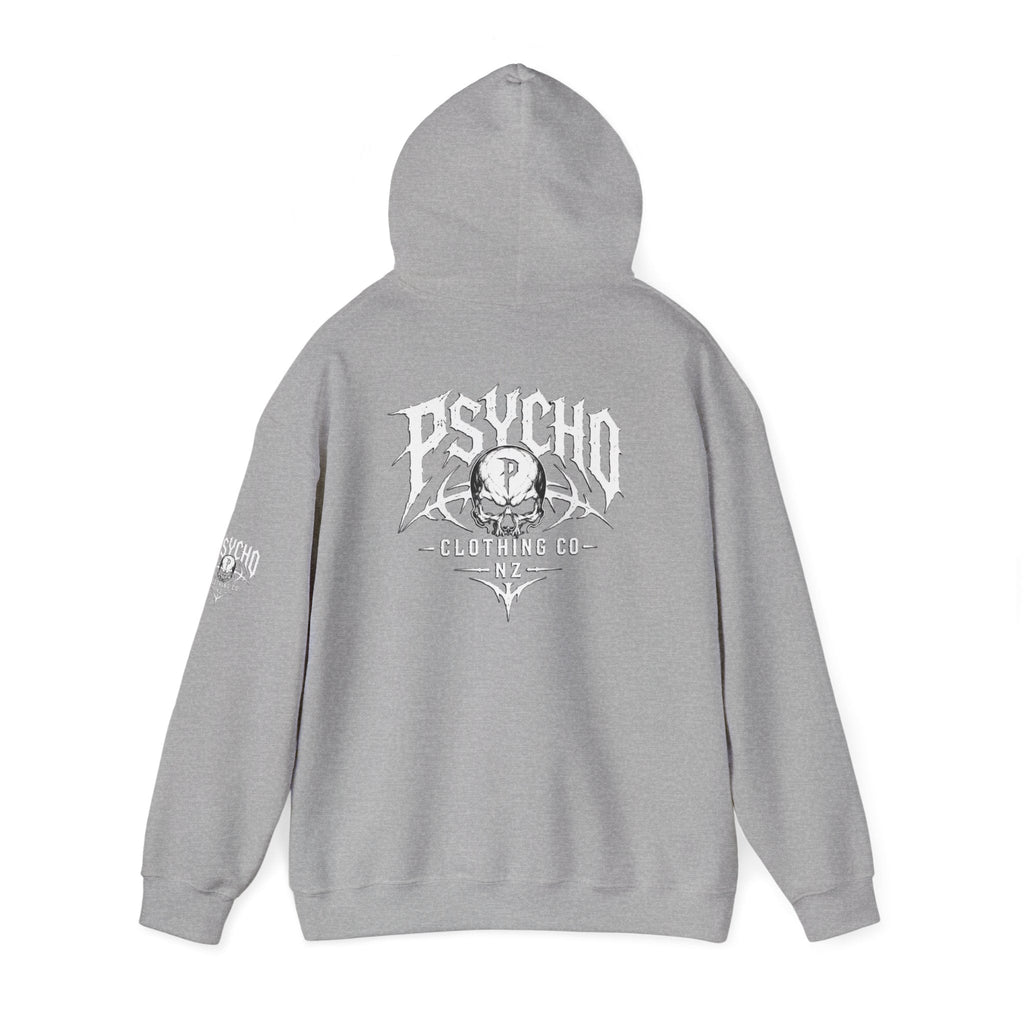 Psycho Clothing Co. Logo Hoodie — Gothic Skull Graphic Pullover