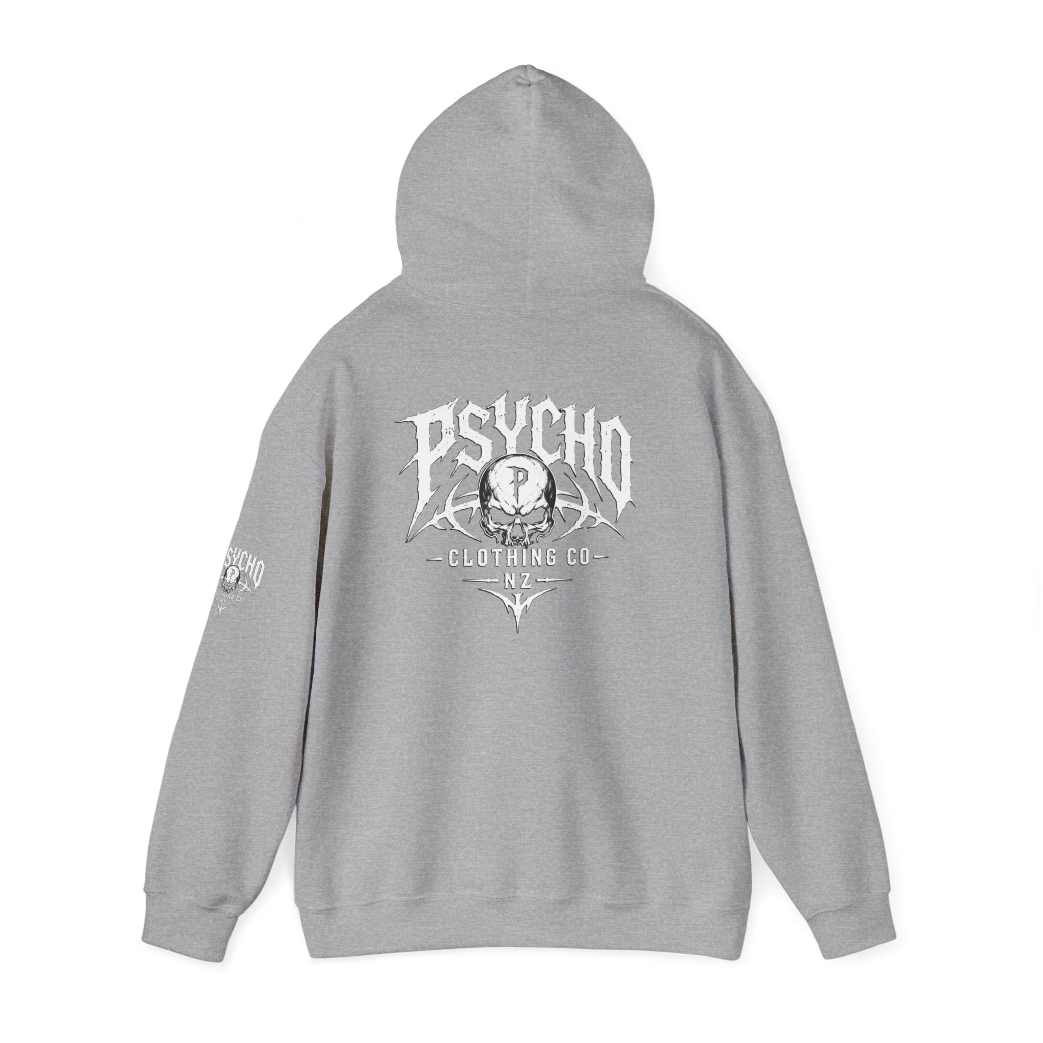 Psycho Clothing Co. Logo Hoodie — Gothic Skull Graphic Pullover