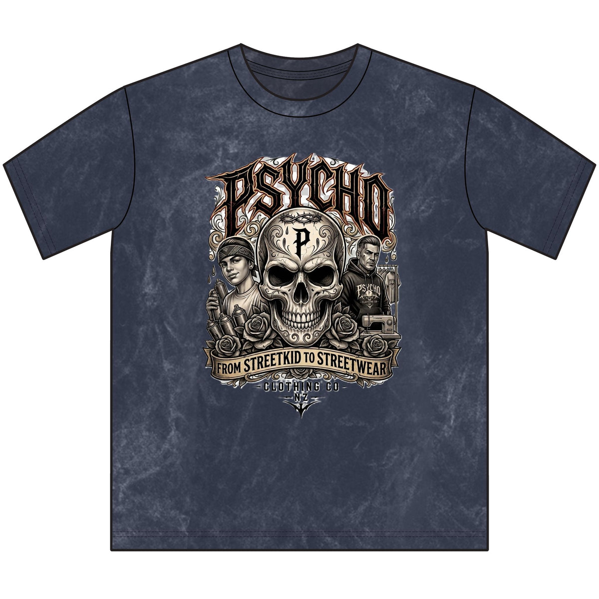 Psycho Skull Vintage Crewneck Tee — Distressed Streetwear Graphic Shirt