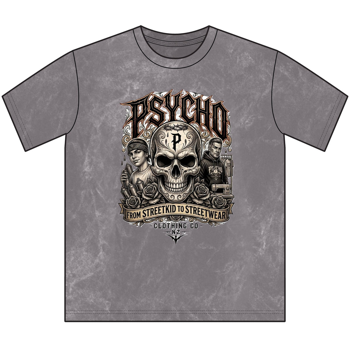 Psycho Skull Vintage Crewneck Tee — Distressed Streetwear Graphic Shirt