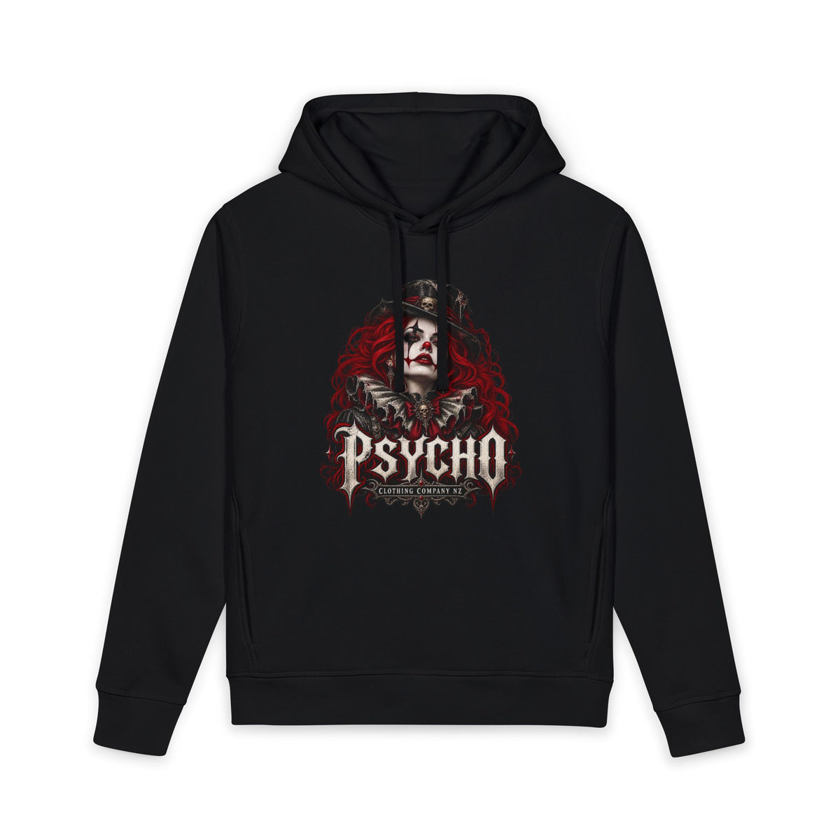 Psycho Female Clown Hoodie — Dark Horror Graphic Pullover