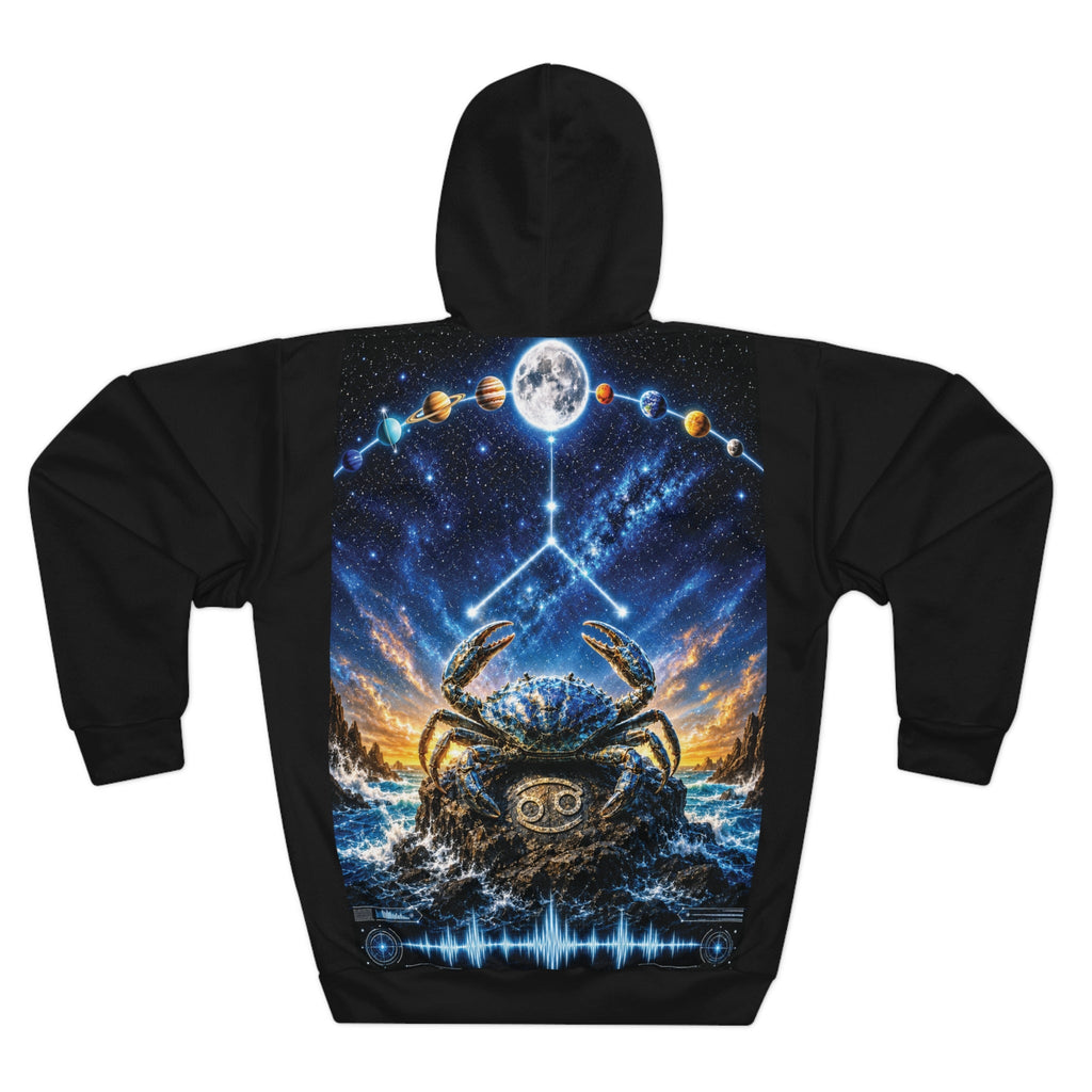 Cancer Zodiac Hoodie — Cosmic Crab Astrology Pullover with Moon & Planets Back Print