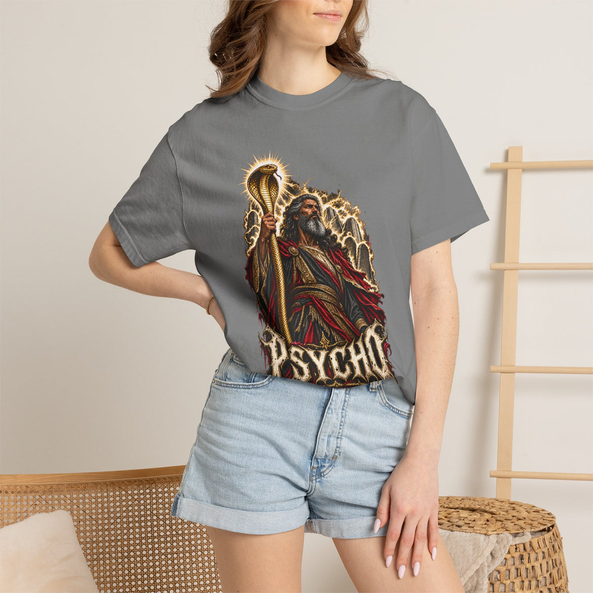 Mighty Moses T-Shirt — Dark Vintage 'Psycho' Graphic Tee (Mythic Prophet Illustration)