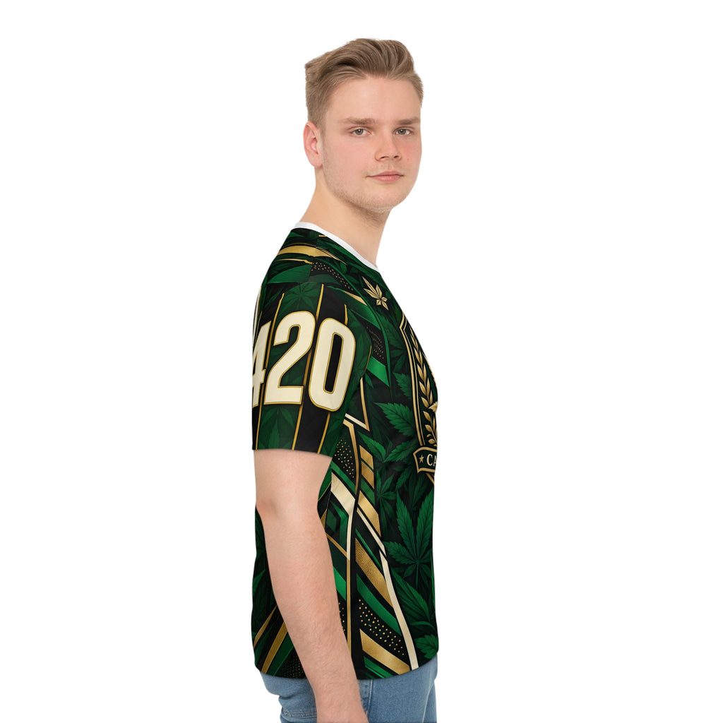 Cannabis 420 Jersey Tee — All-Over Green Leaf Graphic T-Shirt