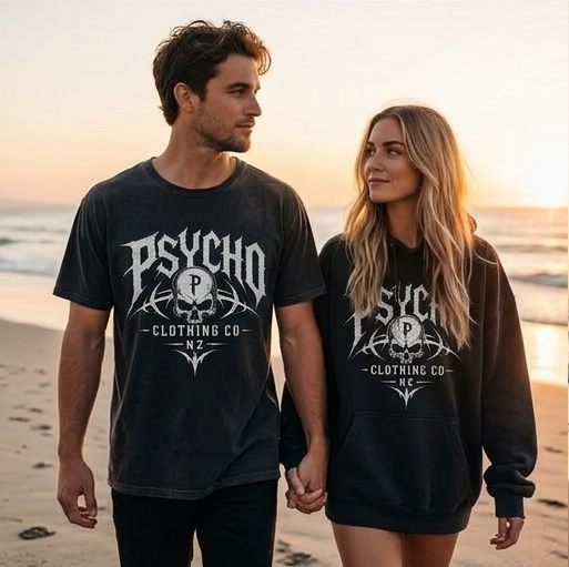 Psycho Clothing Co. Logo Hoodie — Gothic Skull Graphic Pullover