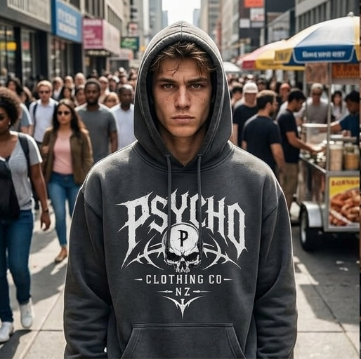 Psycho Clothing Co. Logo Hoodie — Gothic Skull Graphic Pullover