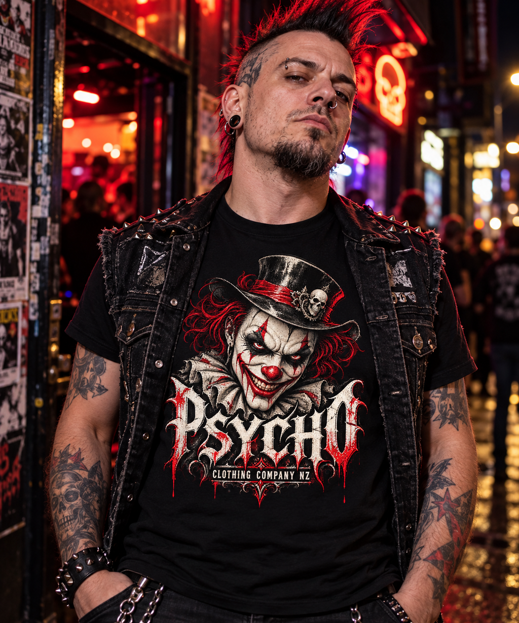 Psycho Clown Graphic Tee — Horror Circus Skull Top