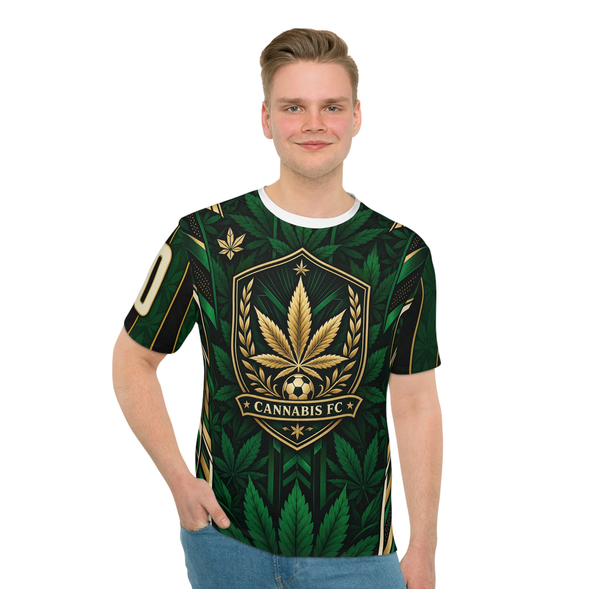 Cannabis 420 Jersey Tee — All-Over Green Leaf Graphic T-Shirt