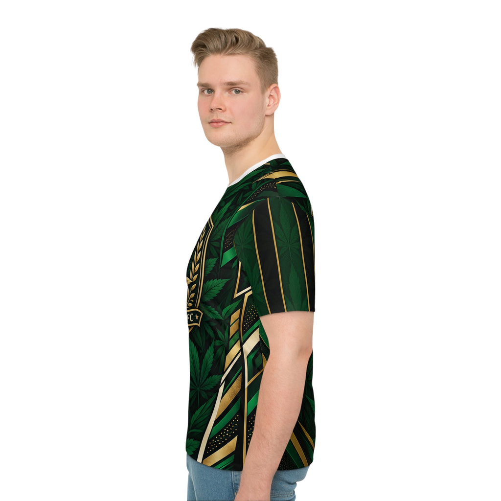 Cannabis 420 Jersey Tee — All-Over Green Leaf Graphic T-Shirt