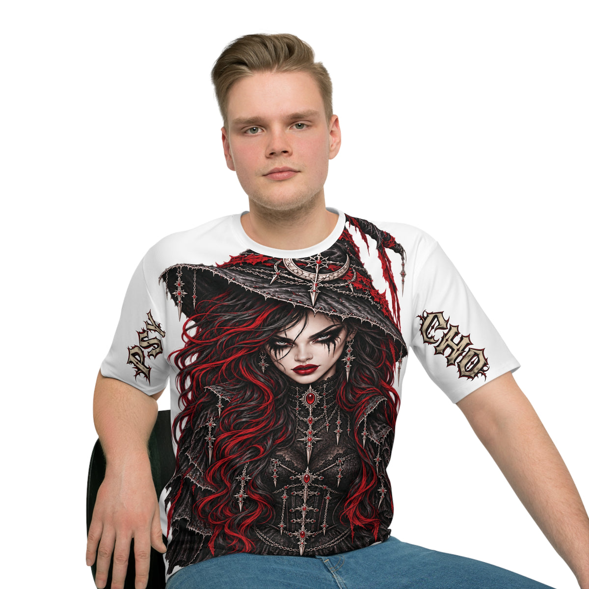 Psycho Witch Graphic T-Shirt — Dark Red & Black All-Over Print