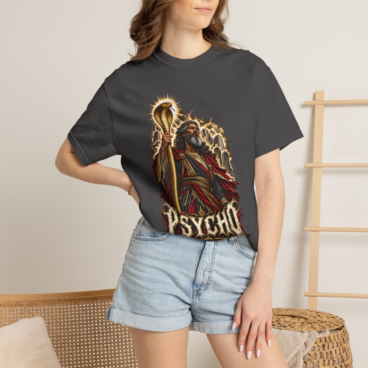 Mighty Moses T-Shirt — Dark Vintage 'Psycho' Graphic Tee (Mythic Prophet Illustration)