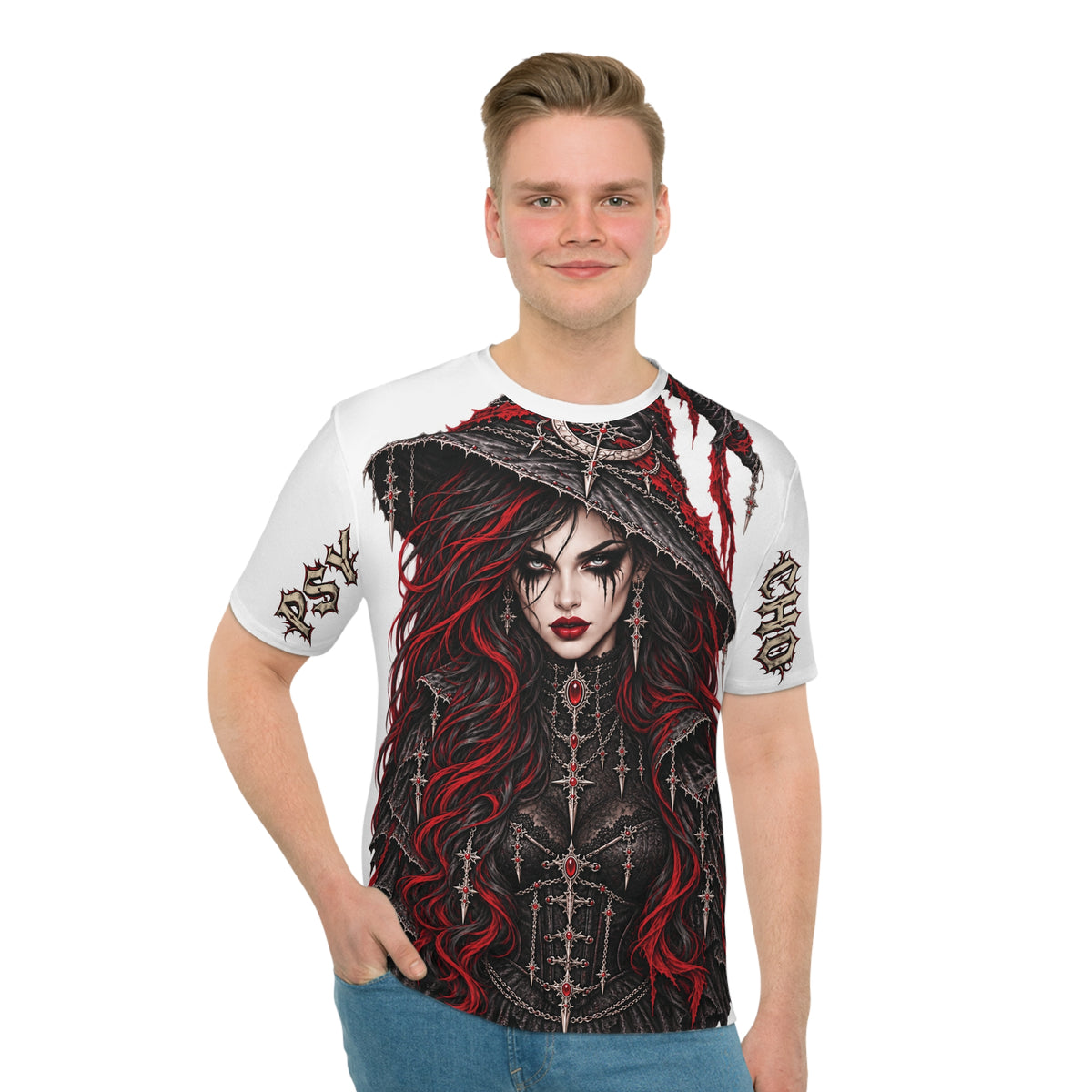 Psycho Witch Graphic T-Shirt — Dark Red & Black All-Over Print