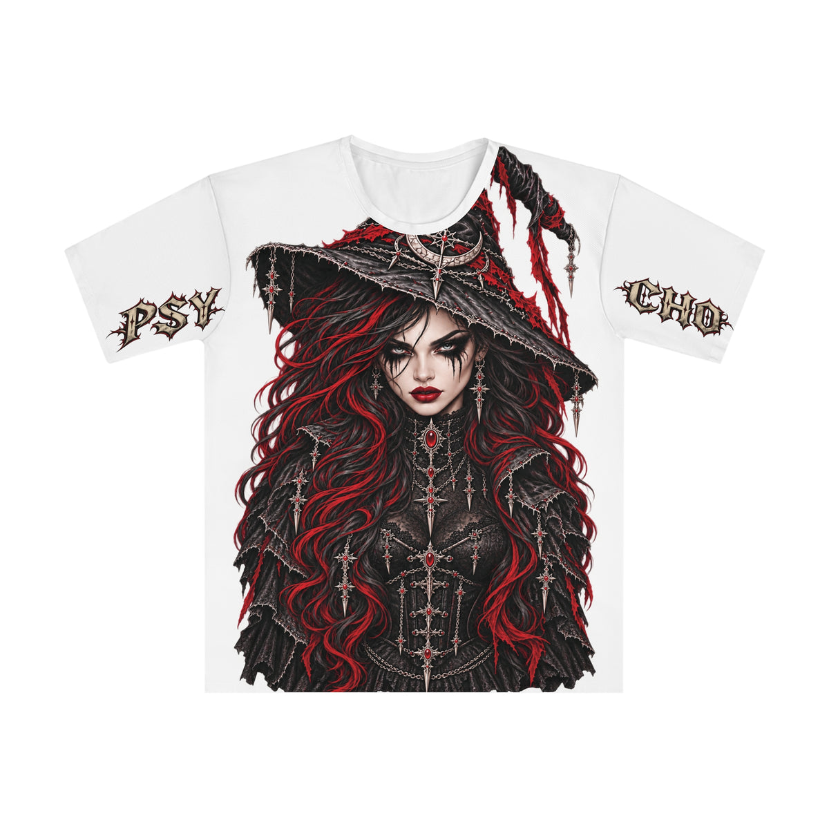 Psycho Witch Graphic T-Shirt — Dark Red & Black All-Over Print
