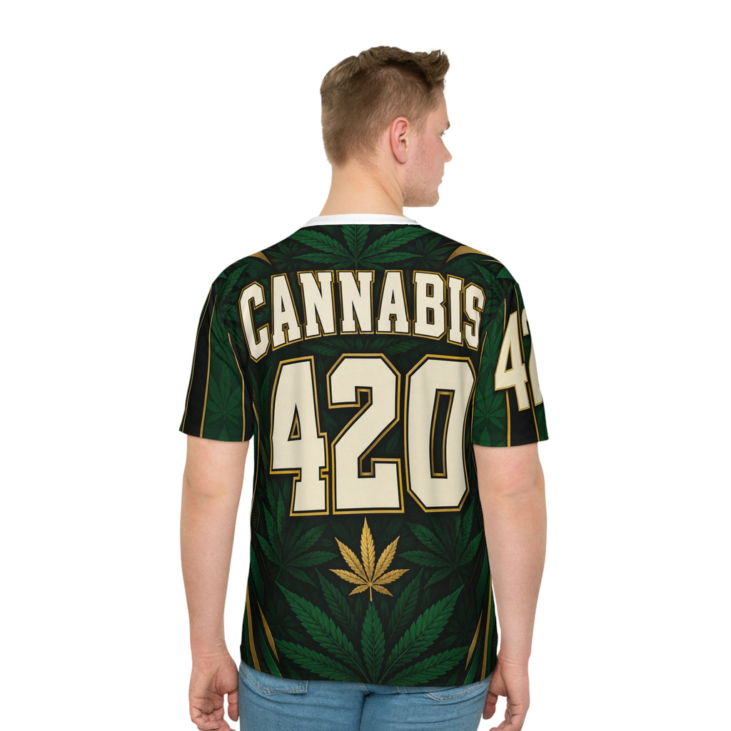 Cannabis 420 Jersey Tee — All-Over Green Leaf Graphic T-Shirt