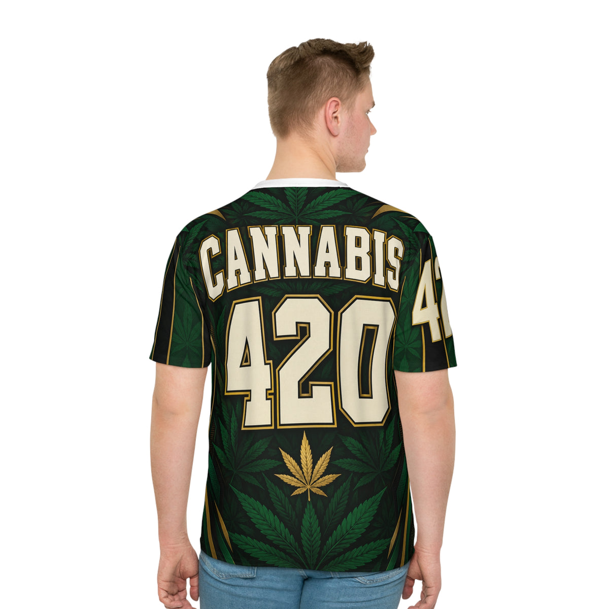 Cannabis 420 Jersey Tee — All-Over Green Leaf Graphic T-Shirt