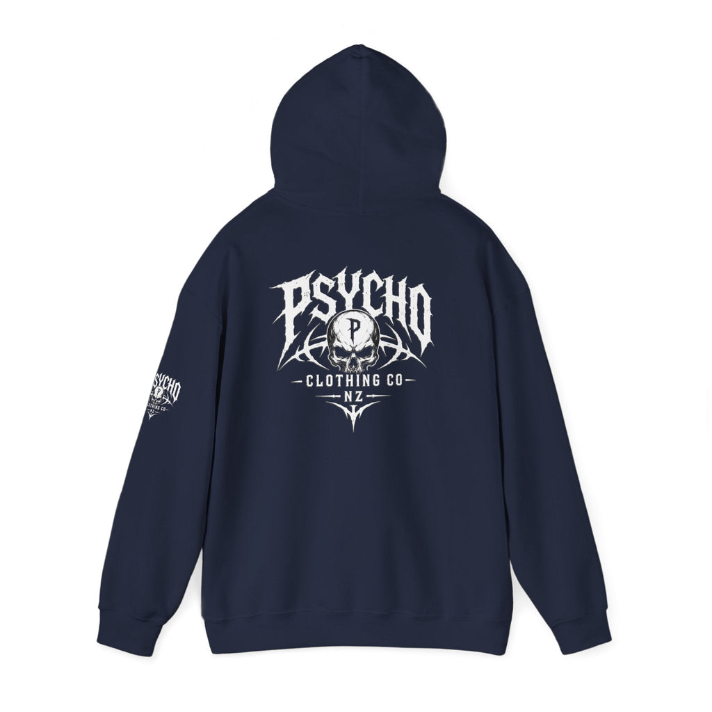 Psycho Clothing Co. Logo Hoodie — Gothic Skull Graphic Pullover