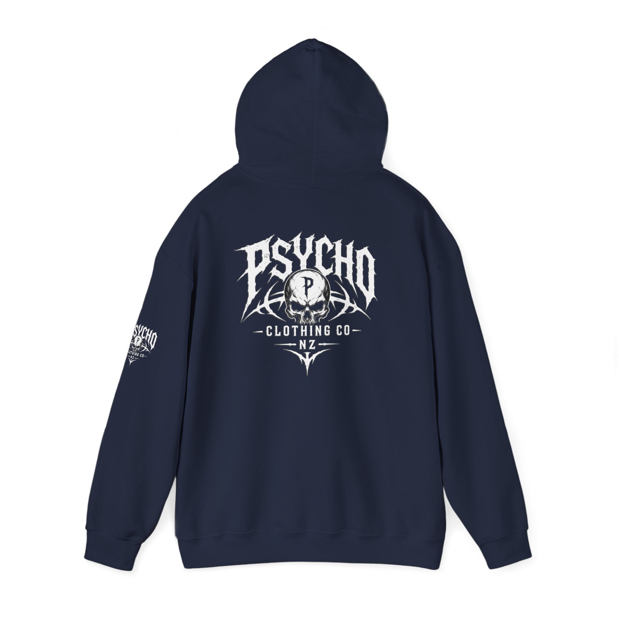 Psycho Clothing Co. Logo Hoodie — Gothic Skull Graphic Pullover