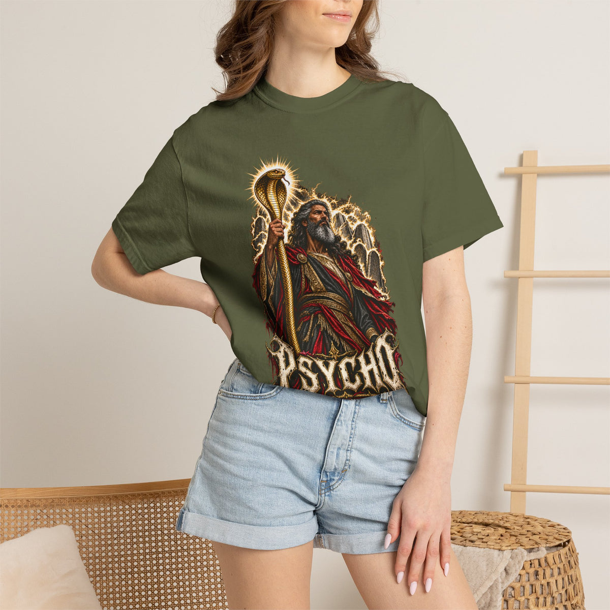Mighty Moses T-Shirt — Dark Vintage 'Psycho' Graphic Tee (Mythic Prophet Illustration)