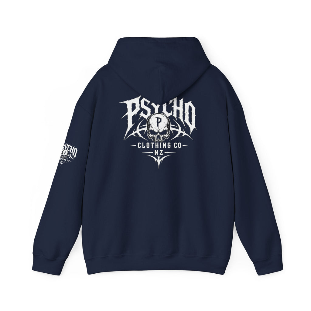 Psycho Clothing Co. Logo Hoodie — Gothic Skull Graphic Pullover