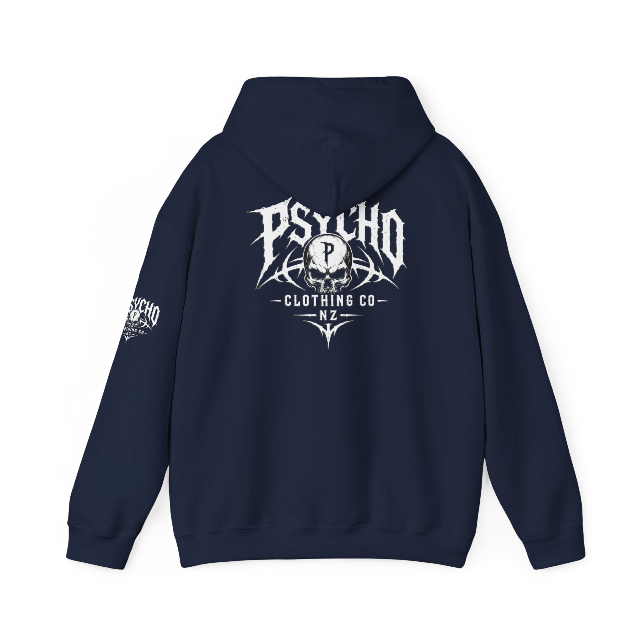 Psycho Clothing Co. Logo Hoodie — Gothic Skull Graphic Pullover