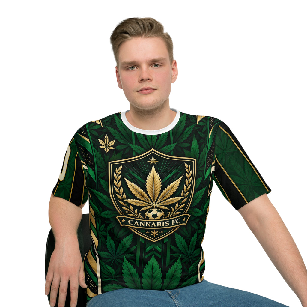 Cannabis 420 Jersey Tee — All-Over Green Leaf Graphic T-Shirt