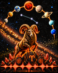 Aries zodiac art print: a glowing golden ram rearing on volcanic rock under an arc of planets, with the Aries constellation above"