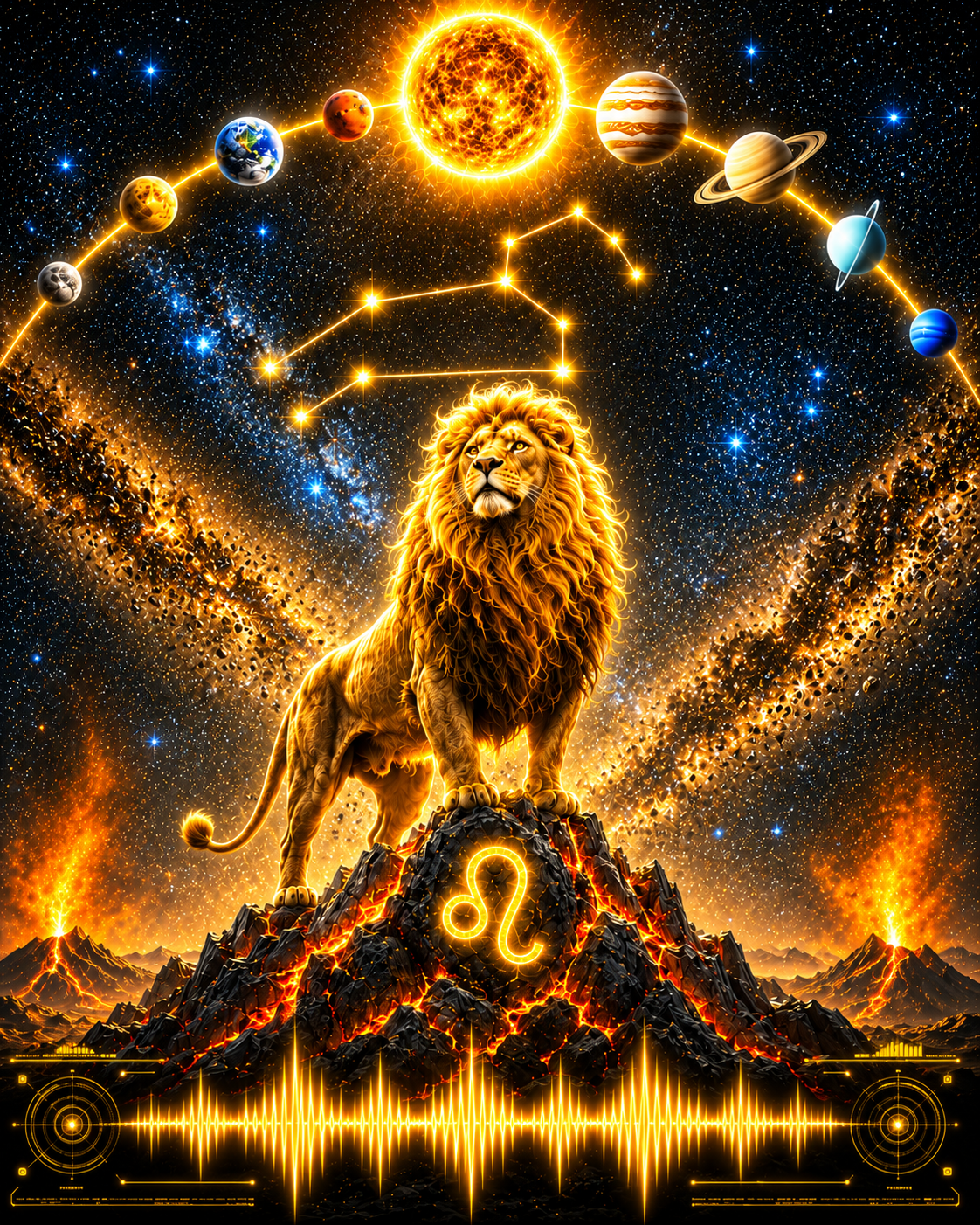 Leo the Golden Lion standing on a rocky mountain peak with a glowing zodiac symbol, set against a starry sky with planets, constellations, and fiery landscapes. Again his Healing Frequency  graphic appears along the bottom edge keeps his strength