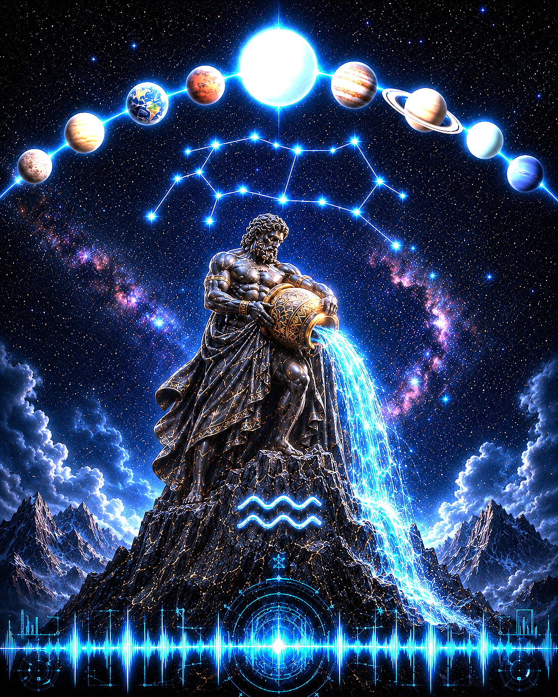 Aquarius zodiac art print: a bronze water bearer pouring glowing blue water on a mountain, under planets and the Aquarius stars"