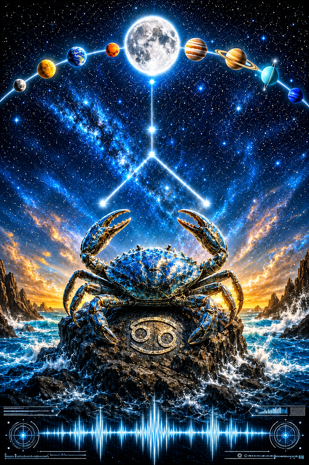 A cosmic zodiac Cancer the large blue crab on a rock set against a starry night sky with the moon and planets arranged in a circle. Bright blue constellation lines point to the crab, with ocean waves at the base.