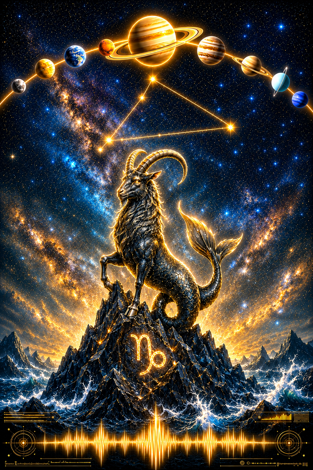 A dominant figure on a mountain peak sit Capricorn King of the Mountain Lover of water with planets, stars, and glowing geometric lines in a deep blue and orange space scene. The Capricorn Sign appears on the mountain, and the composition is highly illustrative and dramatic.