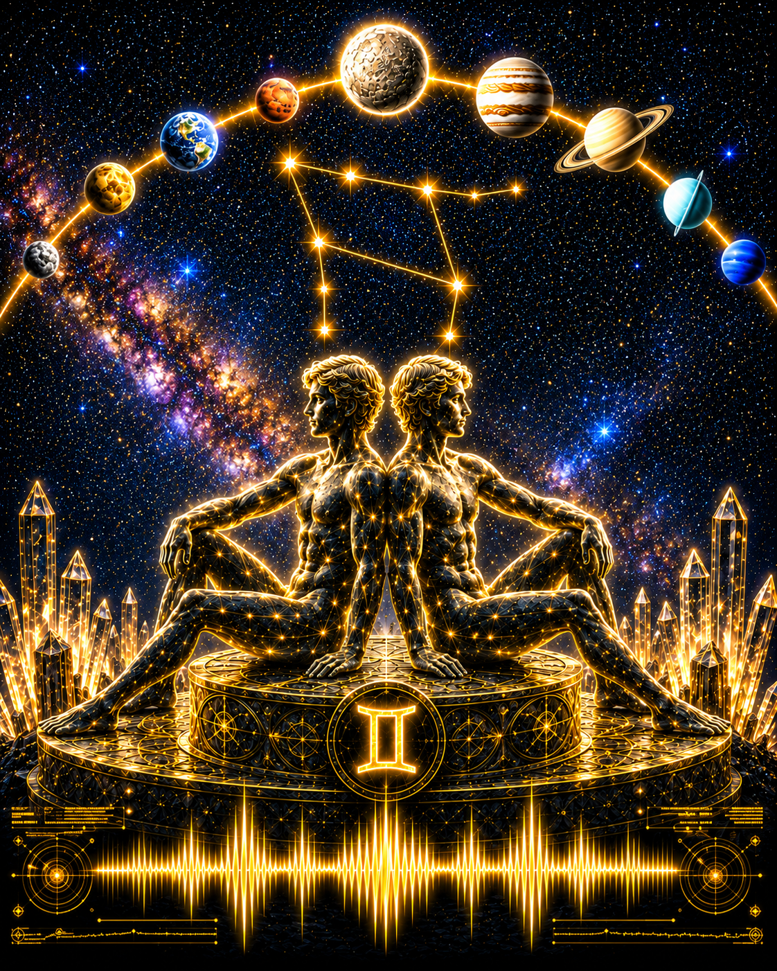 A cosmic, highly stylized artwork showing the two mirrored human figures of Castor and Pollux seated on a glowing pedestal with a Gemini zodiac symbol, surrounded by planets, stars, constellations, crystals, and a bright soundwave-like band at the bottom against a deep space background.