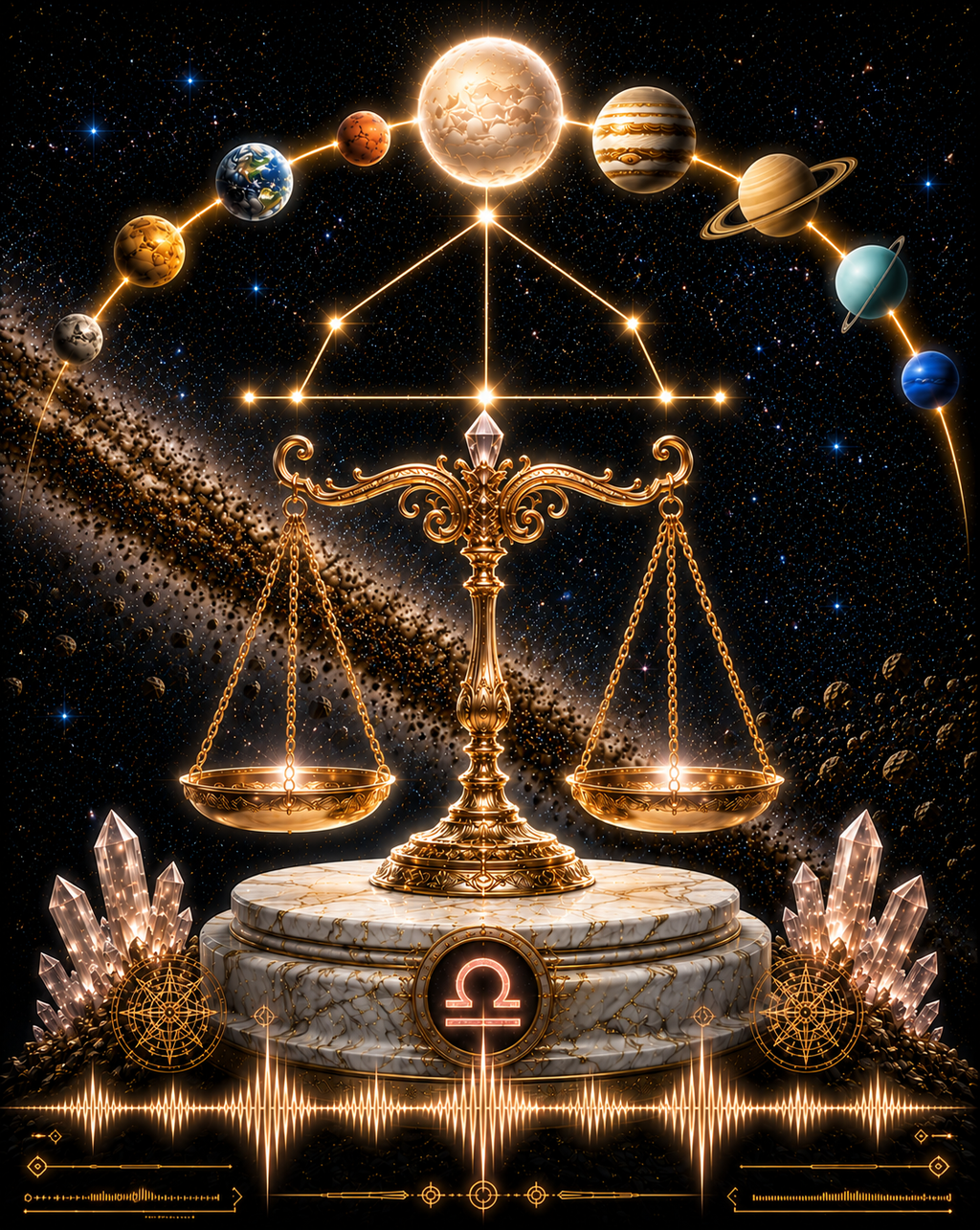 A decorative cosmic-themed graphic featuring a golden balance scale of Libra on a marble pedestal, surrounded by planets, stars, crystals, and a zodiac symbol, set against a dark starry space background.