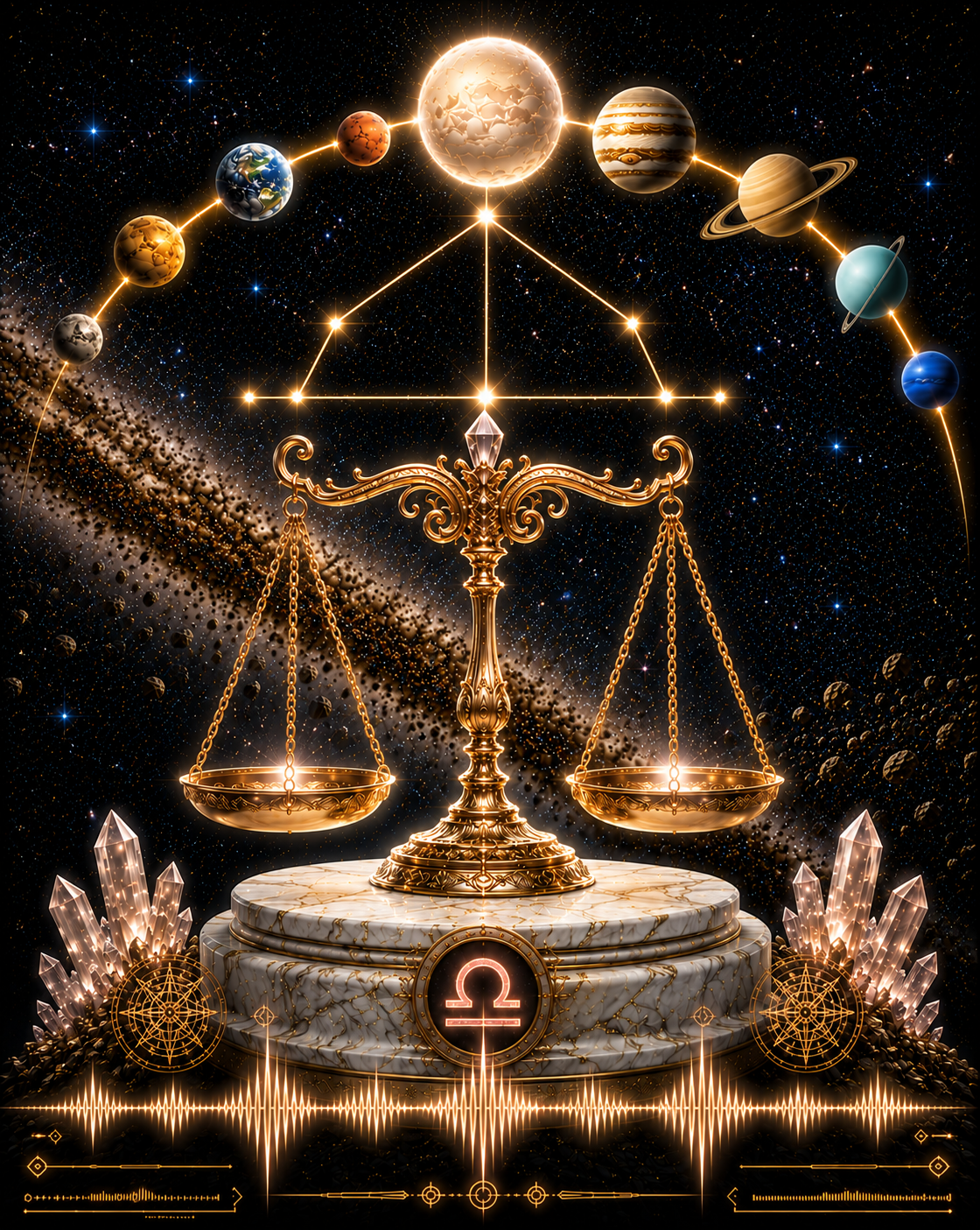 A decorative cosmic-themed graphic featuring a golden balance scale of Libra on a marble pedestal, surrounded by planets, stars, crystals, and a zodiac symbol, set against a dark starry space background.