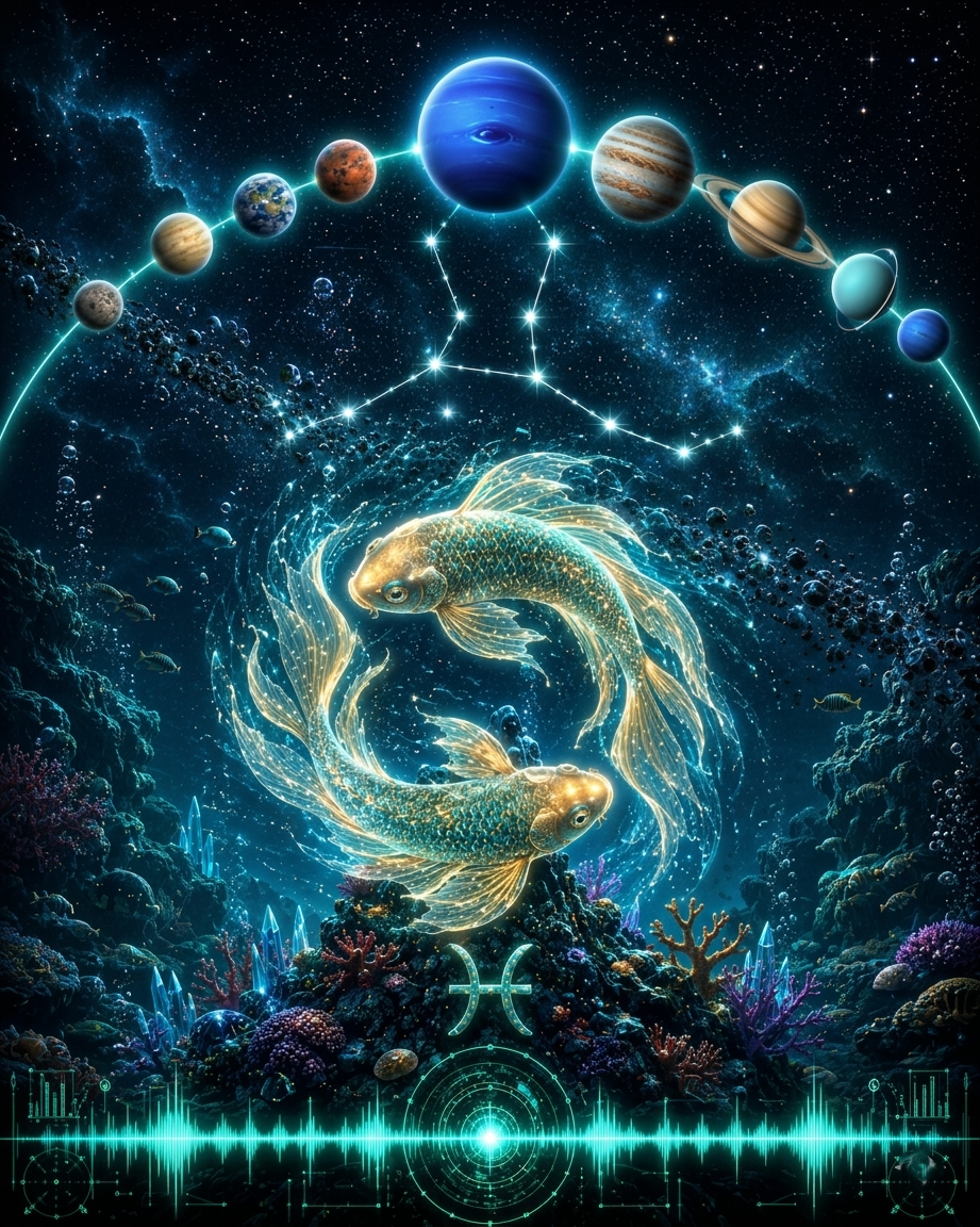 A cosmic zodiac art print featuring two glowing gold koi fish in a circular motion over a deep ocean reef, with planets and constellations arranged in a semi-circle above against a starry black space background.