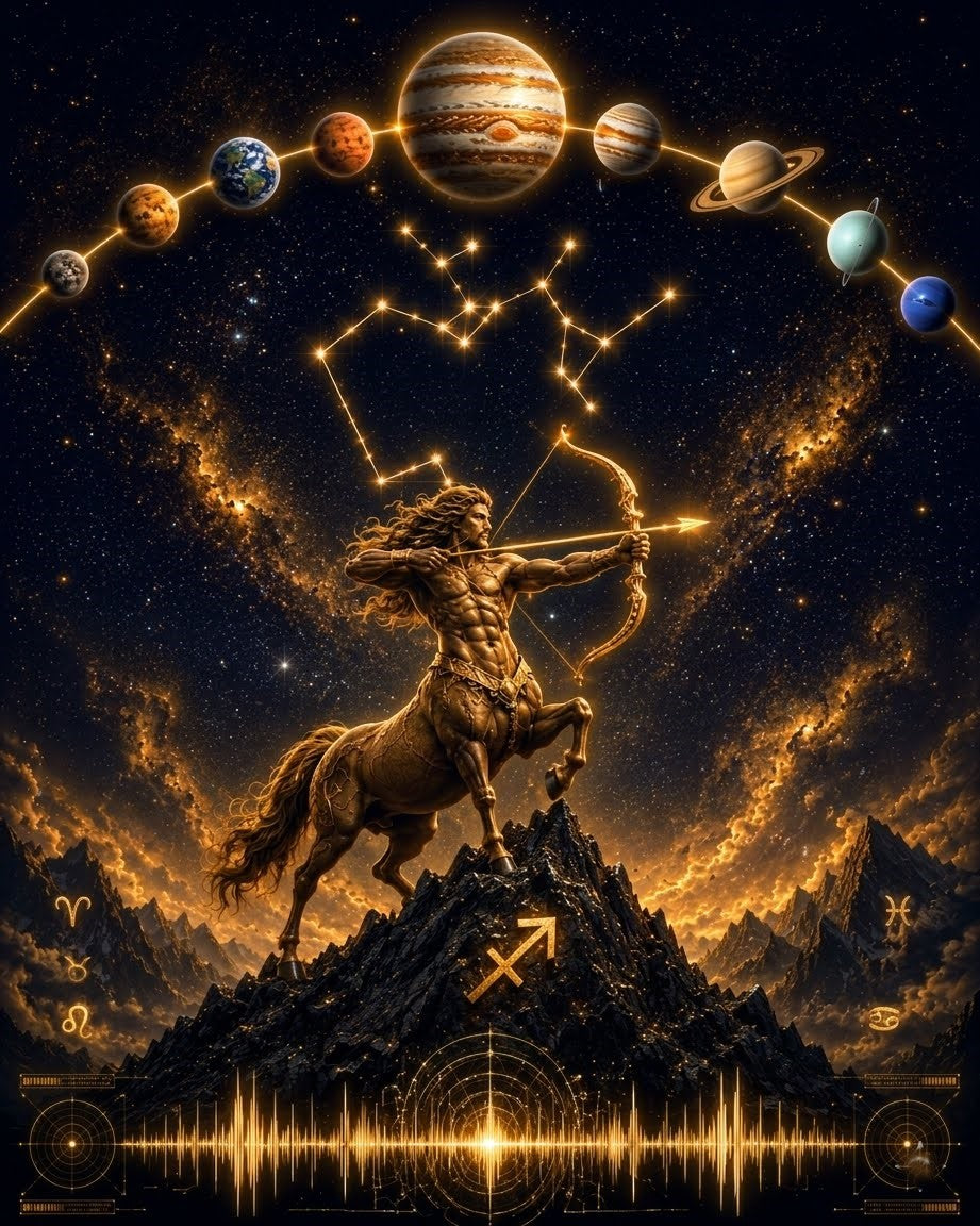 Sagittarius sitting under the Constellation with the Planetary alignment above them showing the Planet of Sagittarius blending in the Healing frequency from the ground surrounded by the color Sagittarius Embraces.