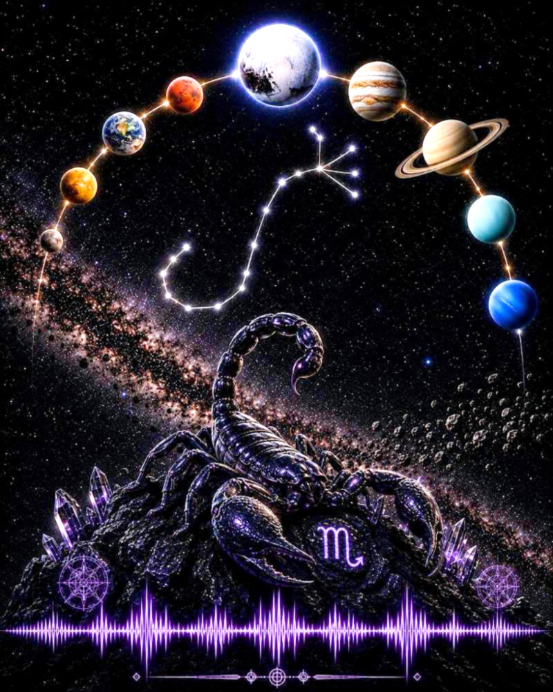 A stylized cosmic artwork featuring a large scorpion constellation at the bottom with the Scorpio zodiac symbol on its body, surrounded by planets, stars, a galaxy, and a glowing purple soundwave across the foreground.