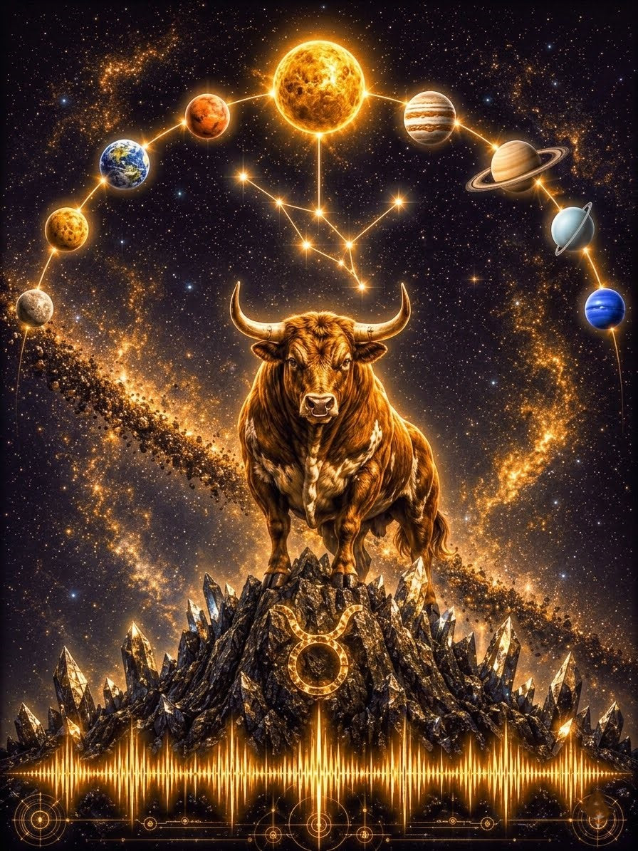 Taurus a golden bull standing atop a jagged mountain, with planets and constellations arranged around a bright sun in a starry space background. Glowing gold soundwave-like lines run along the mountain and across the bottom.