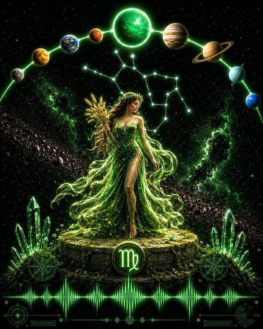 A stylized cosmic scene featuring a glowing green female figure of Virgo standing on a pedestal with a green astrological symbol below her. Surrounding her are planets, constellations, glowing crystals, and green energy effects against a starry black space background.